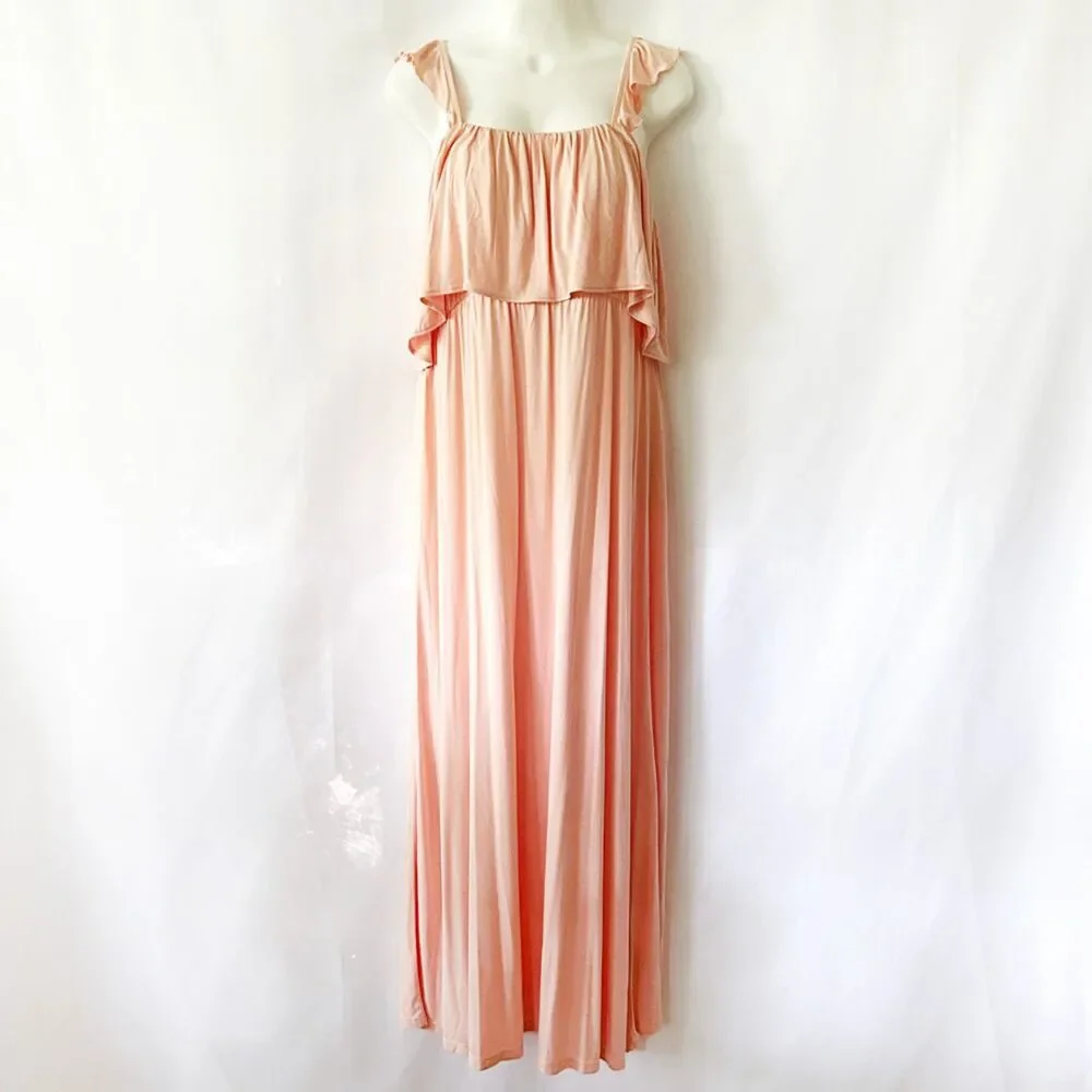 H&M MAMA Long Jersey Maternity Dress (L) in Apricot Ruffle Shoulder Flounce Maxi - Picture 2 of 14